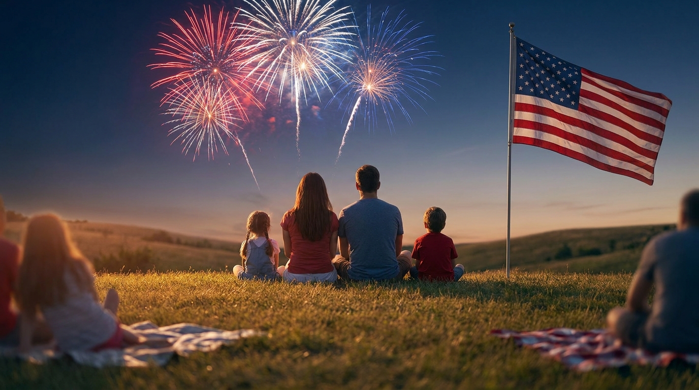 Family watching Independence Day fireworks beside an American flag